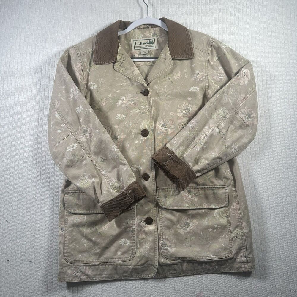 Vtg LL Bean Floral Canvas Barn Coat Jacket Corduroy Collar Women Small Regular